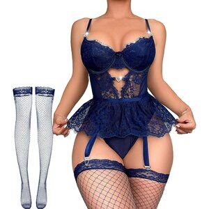 Sensational 4-Piece Women's Lingerie Set: Underwired Bodysuit & Lace Mini Skirt